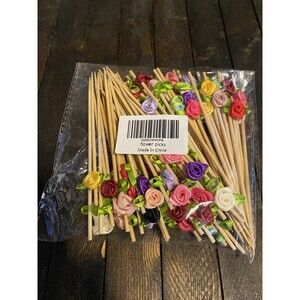 Bamboo Cocktail Picks 4.7" Multicolor Rose Flower Design 100 Count Appetizer